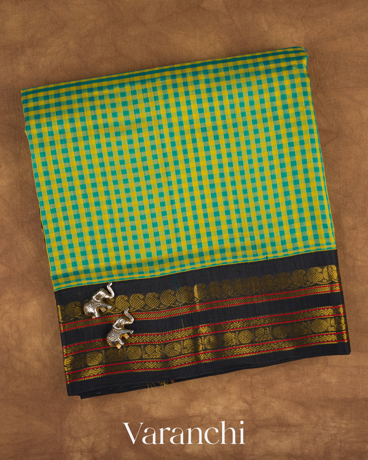 Peacock Blue and Yellow Pure Kanchipuram Silk Cotton Handloom Saree — Folded