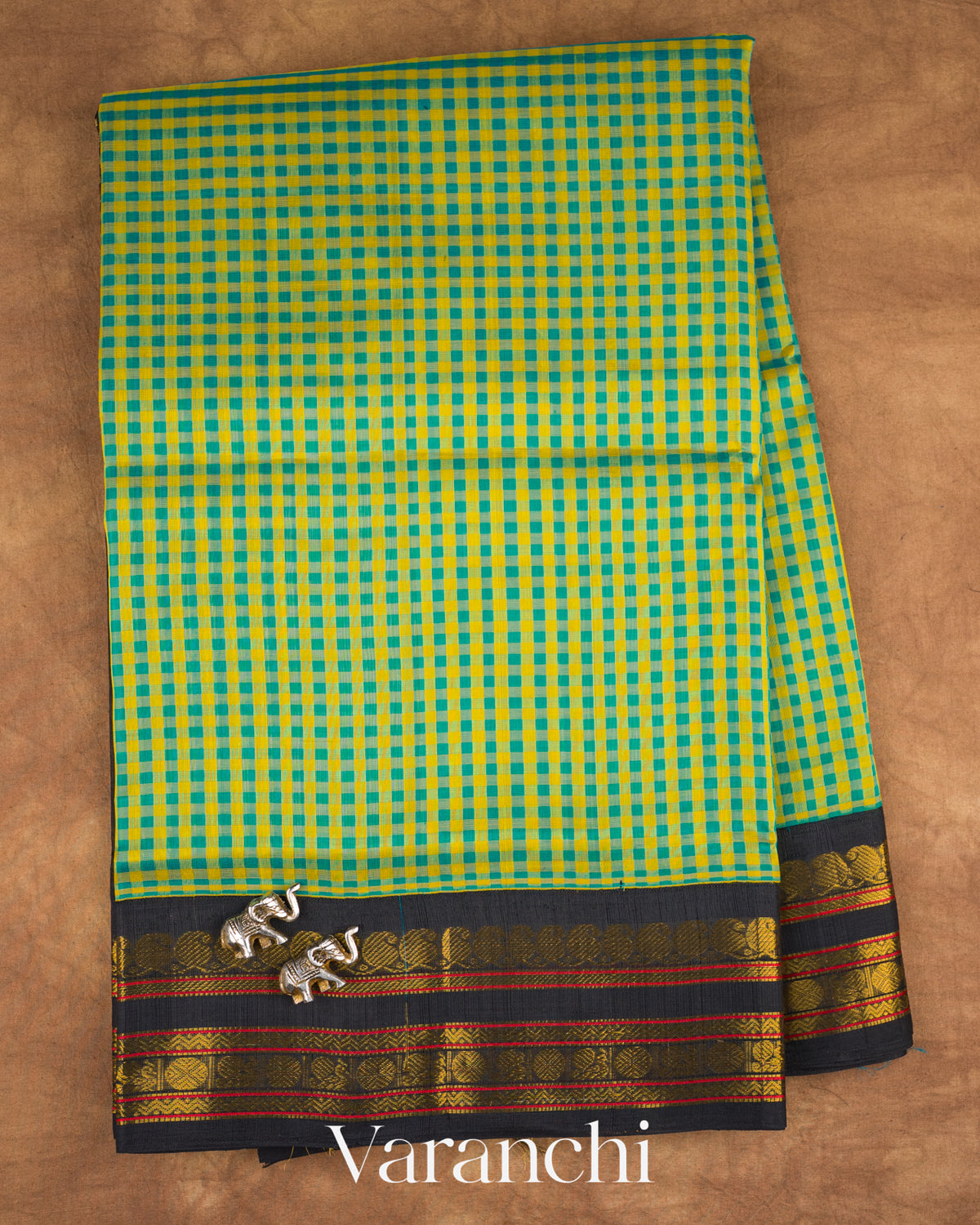 Peacock Blue and Yellow Pure Kanchipuram Silk Cotton Handloom Saree — Full Saree