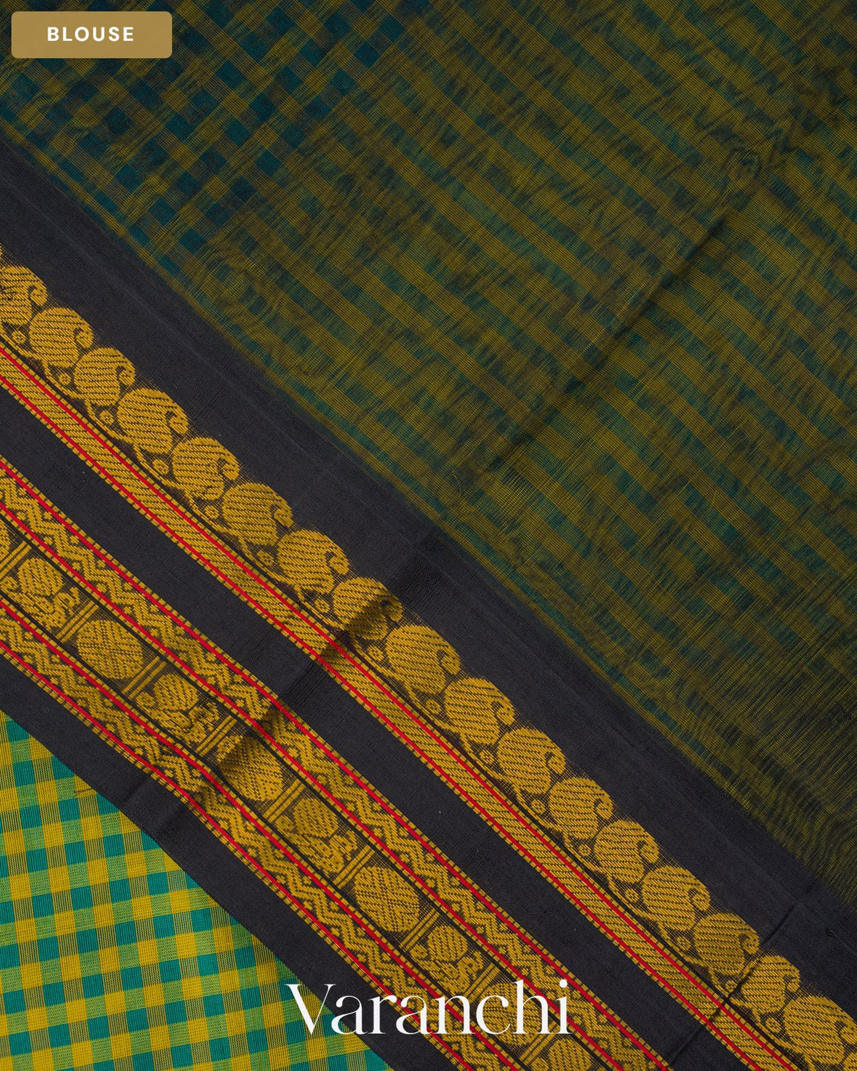 Peacock Blue and Yellow Pure Kanchipuram Silk Cotton Handloom Saree — Blouse