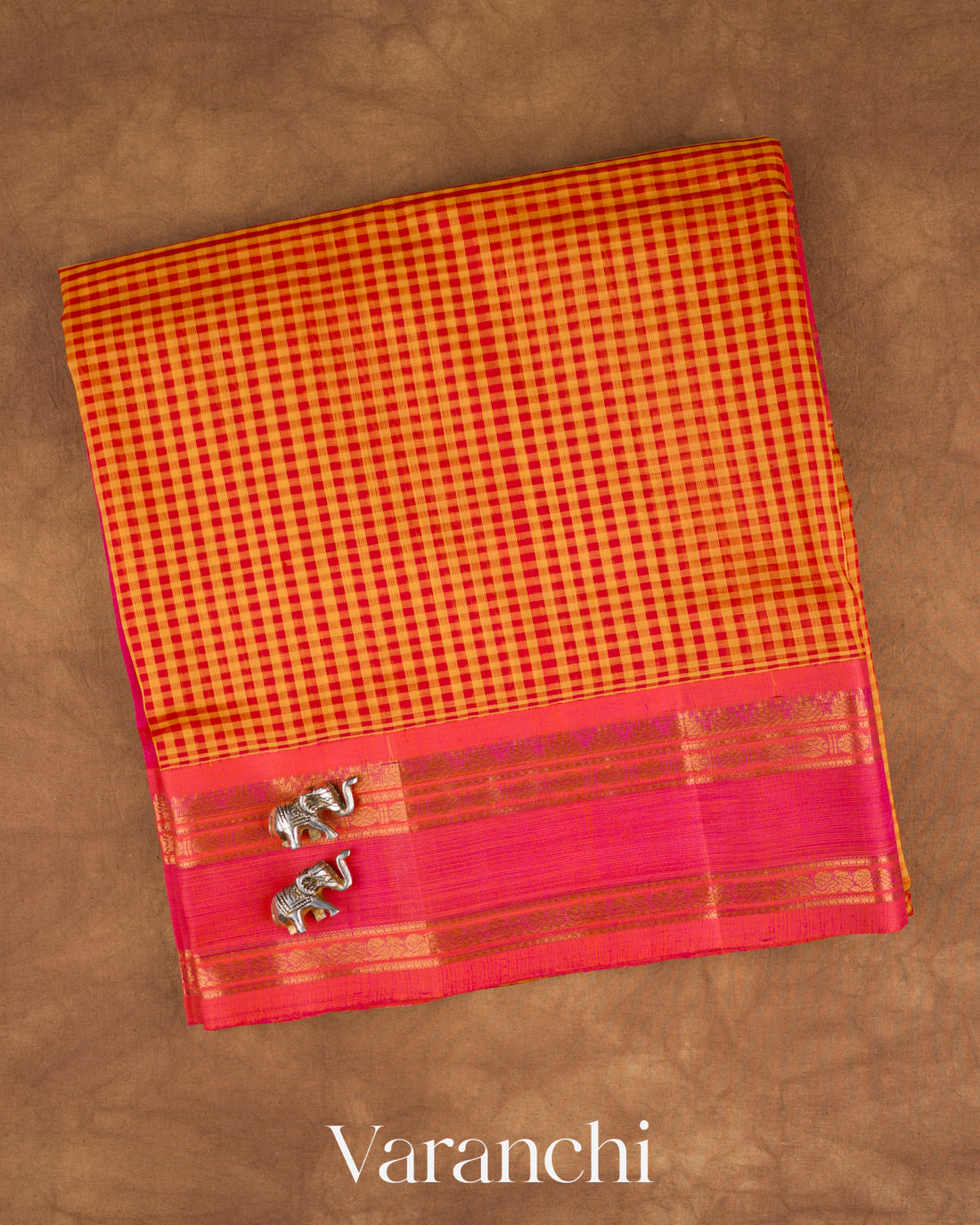 Magenta Pink and Yellow Checkered Pure Kanchipuram Silk Cotton Handloom Saree — Folded