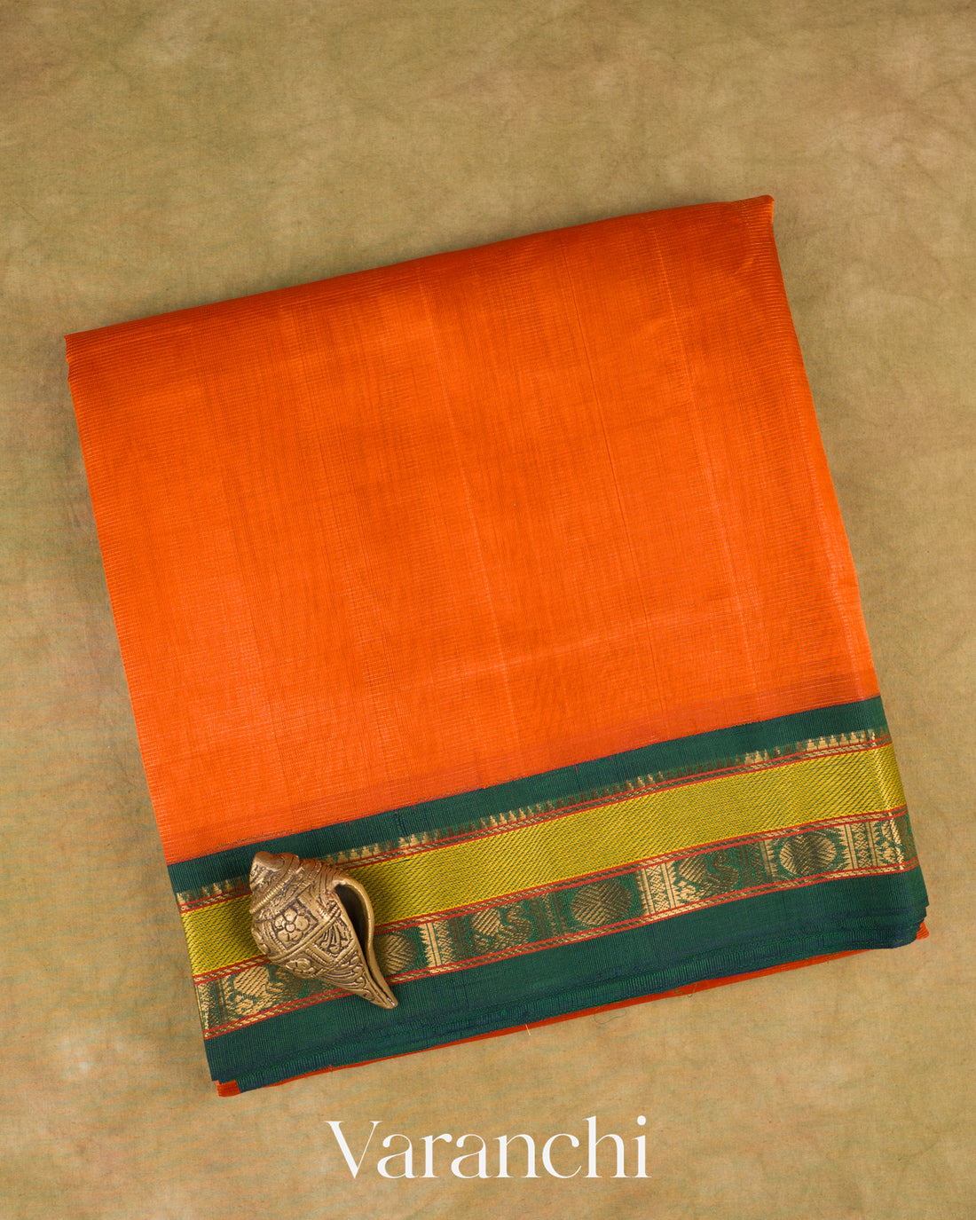 Orange Korvai Bordered Pure Kanchipuram Silk Cotton Handloom Saree — Folded