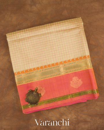 Ivory Checkered Pure Kanchipuram Silk Cotton Handloom Saree — Folded