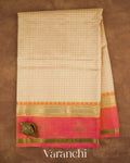 Ivory Checkered Pure Kanchipuram Silk Cotton Handloom Saree — Full Saree
