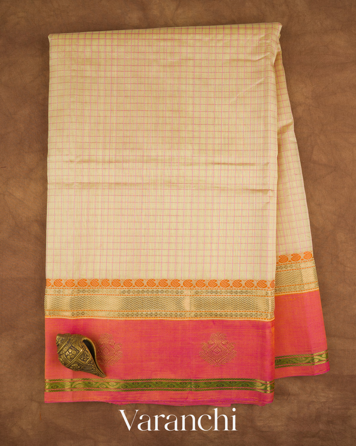 Ivory Checkered Pure Kanchipuram Silk Cotton Handloom Saree — Full Saree