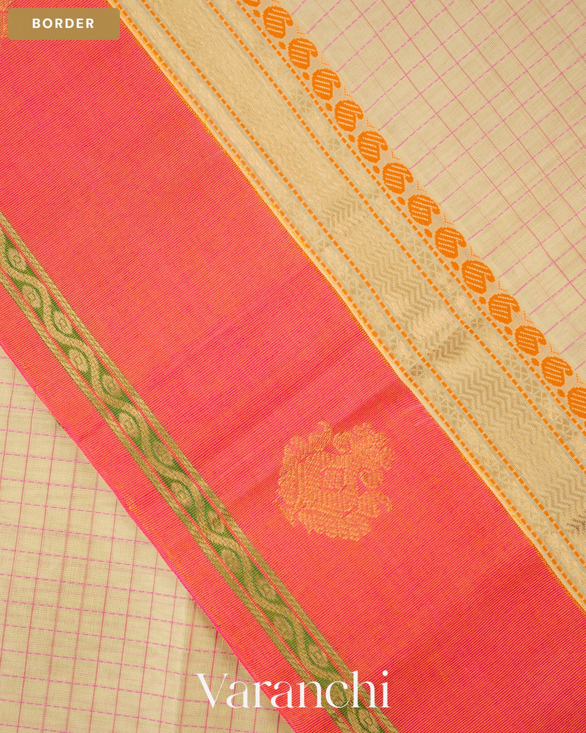 Ivory Checkered Pure Kanchipuram Silk Cotton Handloom Saree — Border