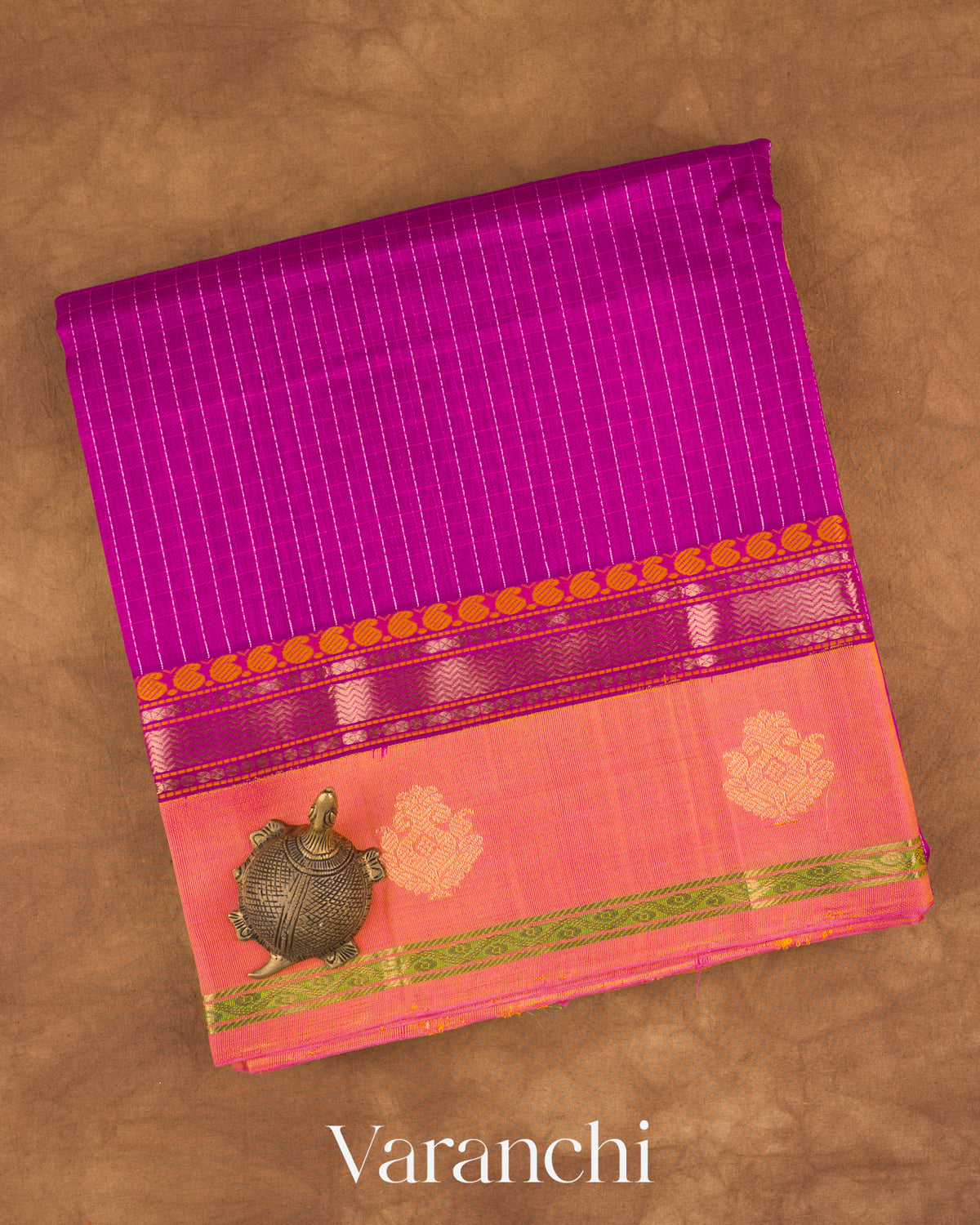 Deep Magenta Checkered Pure Kanchipuram Silk Cotton Handloom Saree — Folded