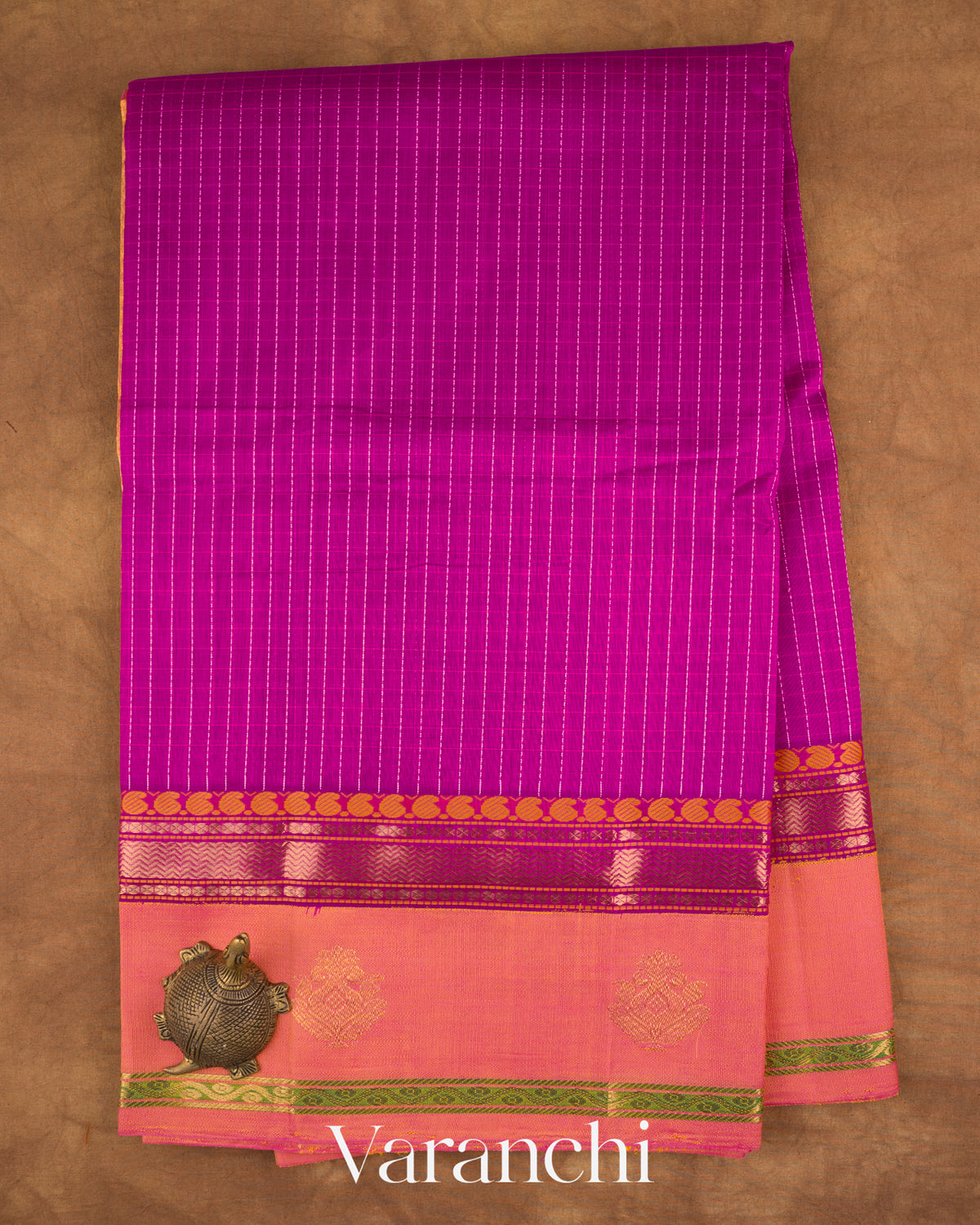 Deep Magenta Checkered Pure Kanchipuram Silk Cotton Handloom Saree — Full Saree