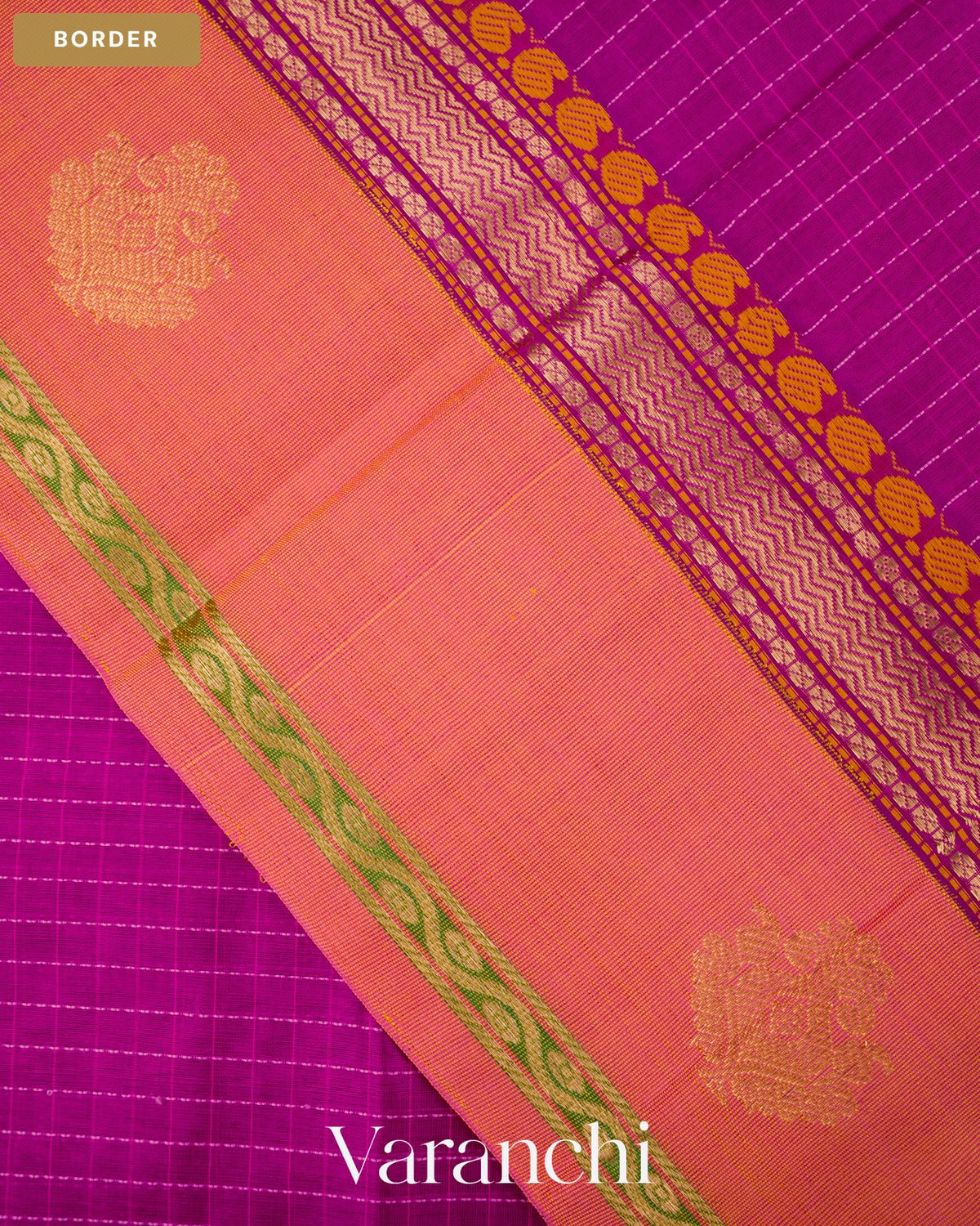 Deep Magenta Checkered Pure Kanchipuram Silk Cotton Handloom Saree — Border