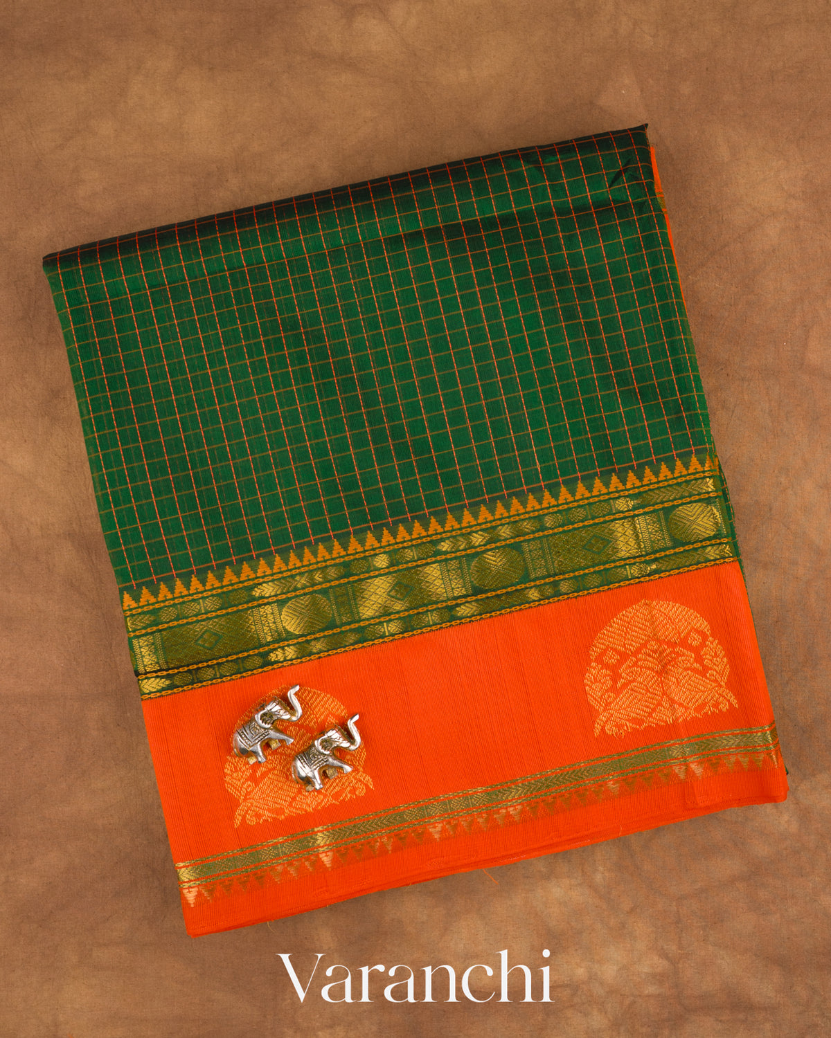 Bottle Green Checkered Pure Kanchipuram Silk Cotton Handloom Saree — Folded