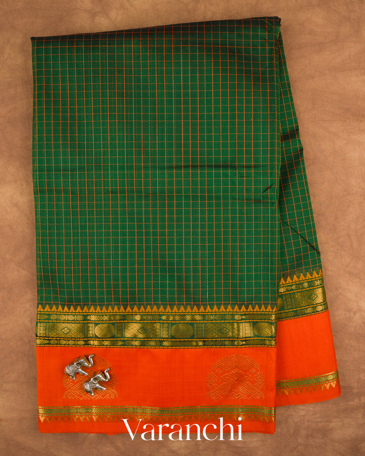 Bottle Green Checkered Pure Kanchipuram Silk Cotton Handloom Saree — Full Saree