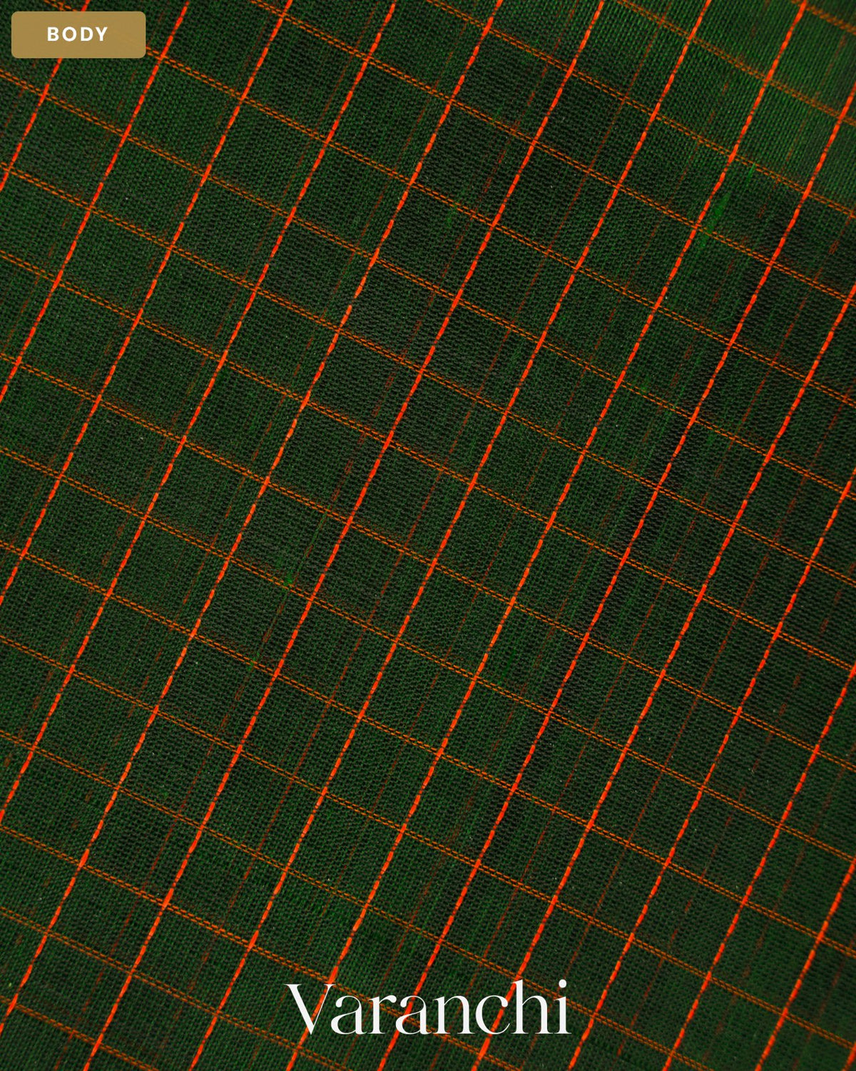 Bottle Green Checkered Pure Kanchipuram Silk Cotton Handloom Saree — Body
