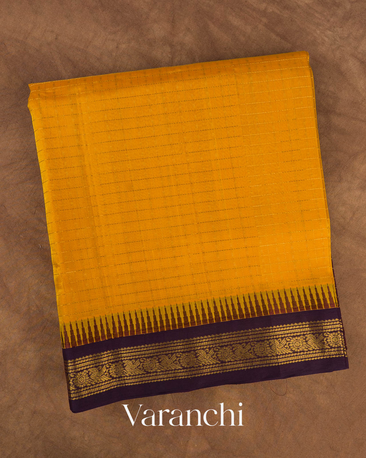 Mustard Yellow Checks Pure Kanchipuram Silk Cotton Handloom Saree — Folded