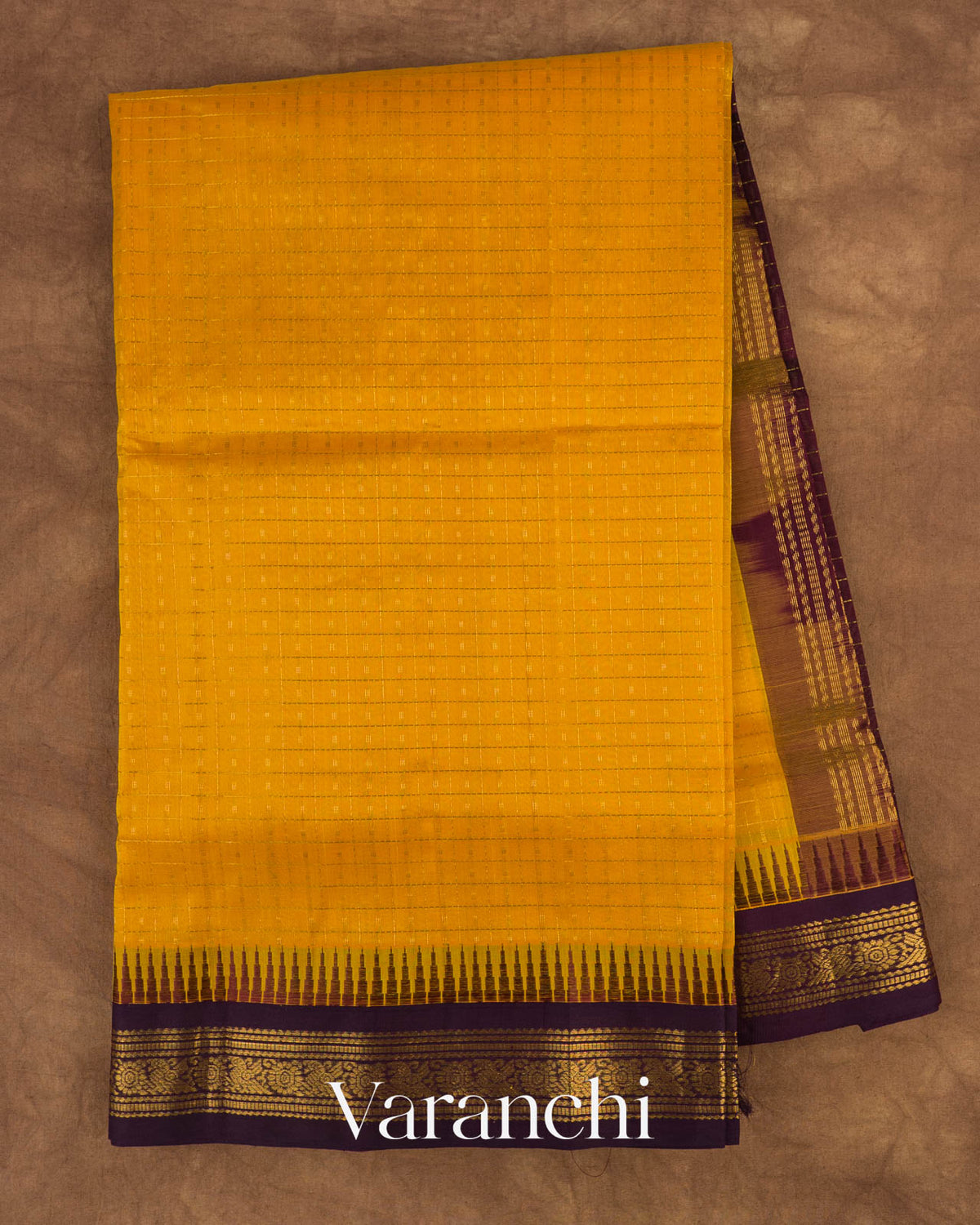 Mustard Yellow Checks Pure Kanchipuram Silk Cotton Handloom Saree — Full Saree
