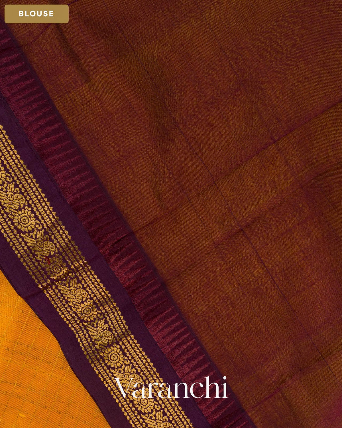 Mustard Yellow Checks Pure Kanchipuram Silk Cotton Handloom Saree — Blouse
