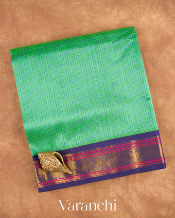 Deep Sea Green Checkered Pure Kanchipuram Silk Cotton Handloom Saree — Folded