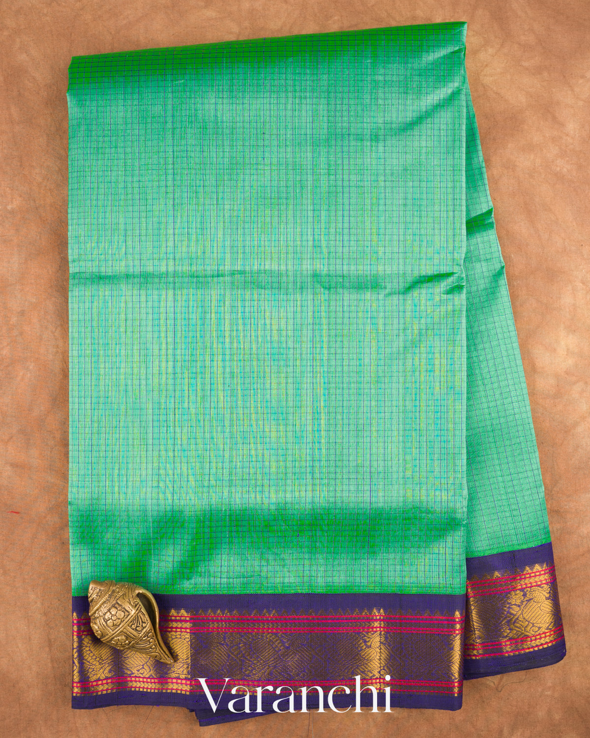 Deep Sea Green Checkered Pure Kanchipuram Silk Cotton Handloom Saree — Full Saree