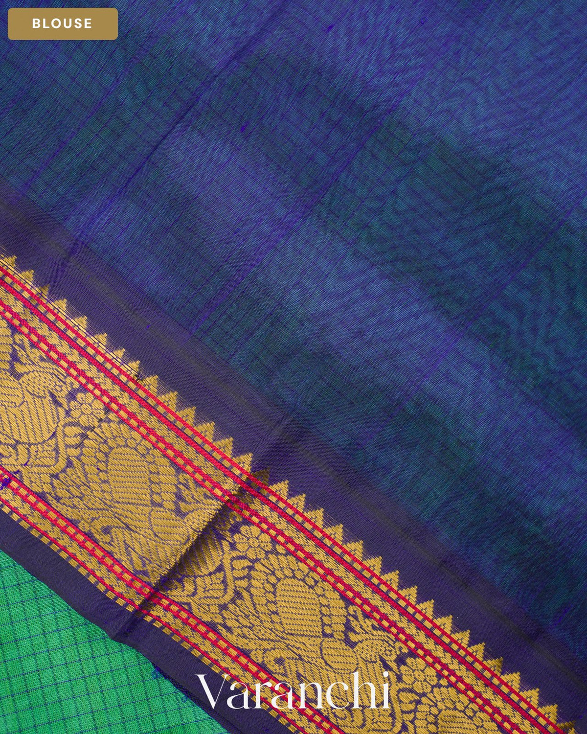 Deep Sea Green Checkered Pure Kanchipuram Silk Cotton Handloom Saree — Blouse