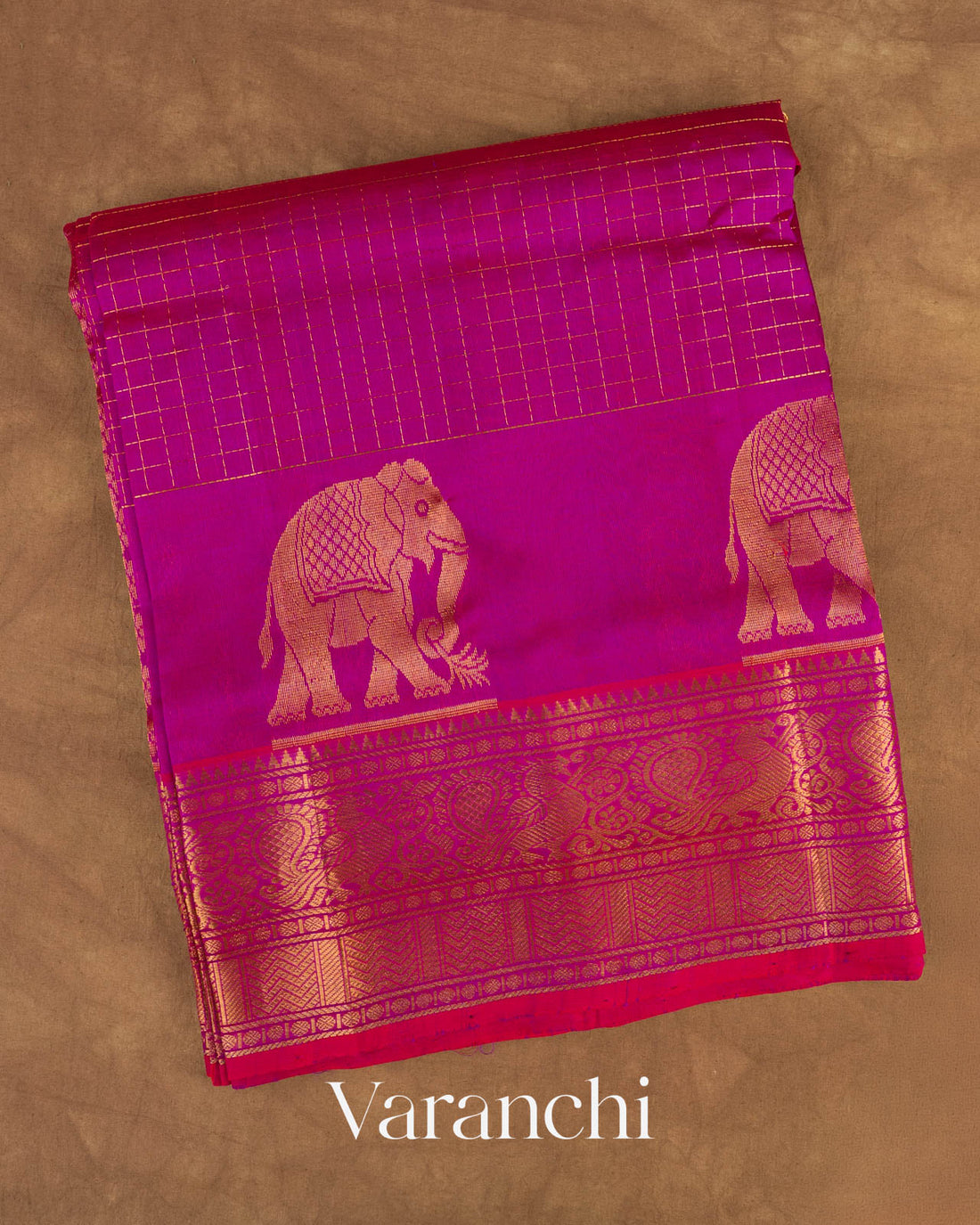 Magenta Checks Pure Kanchipuram Silk Cotton Handloom Saree — Folded