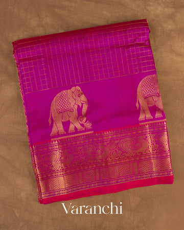 Magenta Checks Pure Kanchipuram Silk Cotton Handloom Saree — Folded