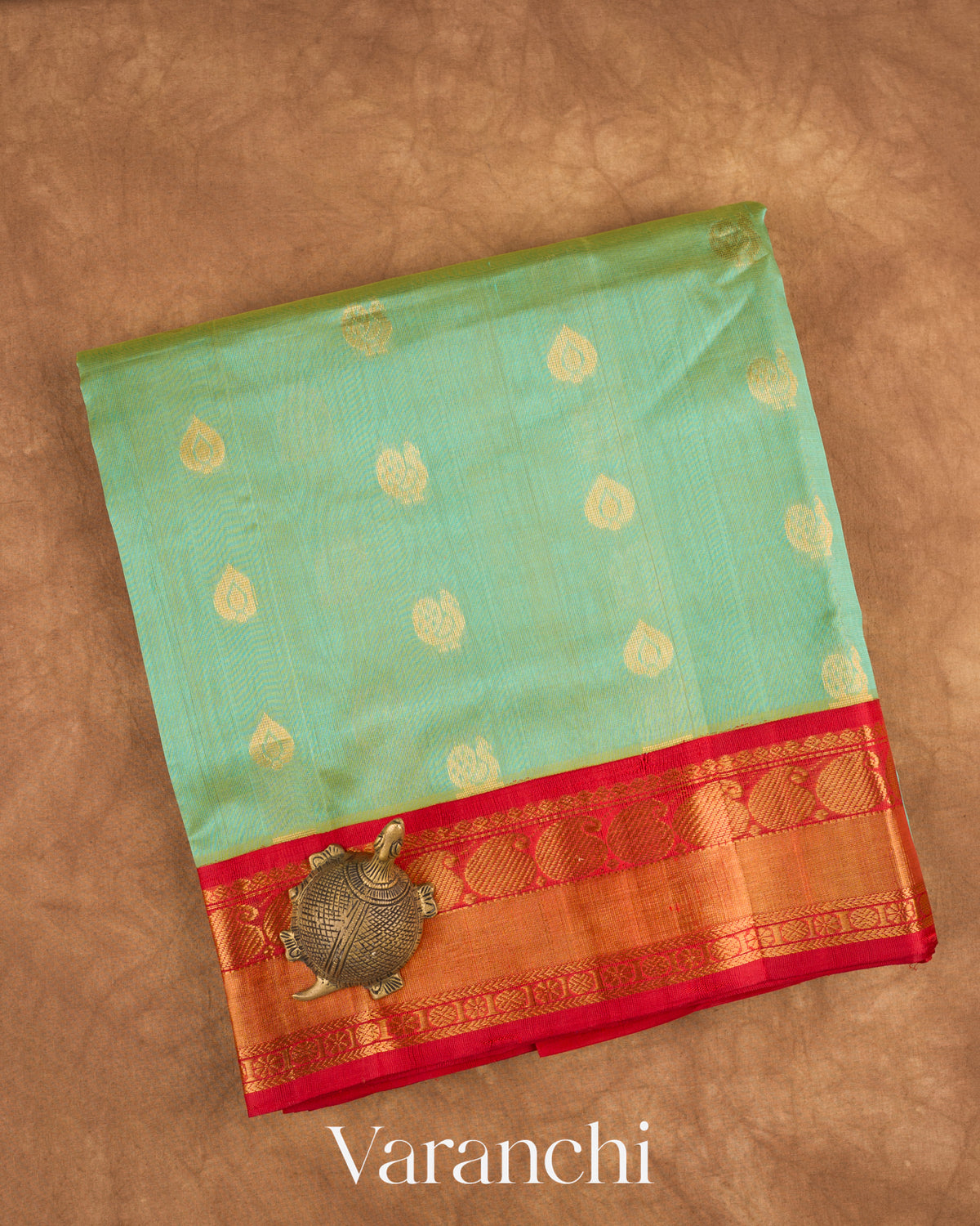 Sea Green Pure Kanchipuram Silk Cotton Handloom Saree — Folded