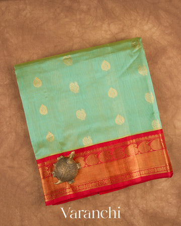 Sea Green Pure Kanchipuram Silk Cotton Handloom Saree — Folded