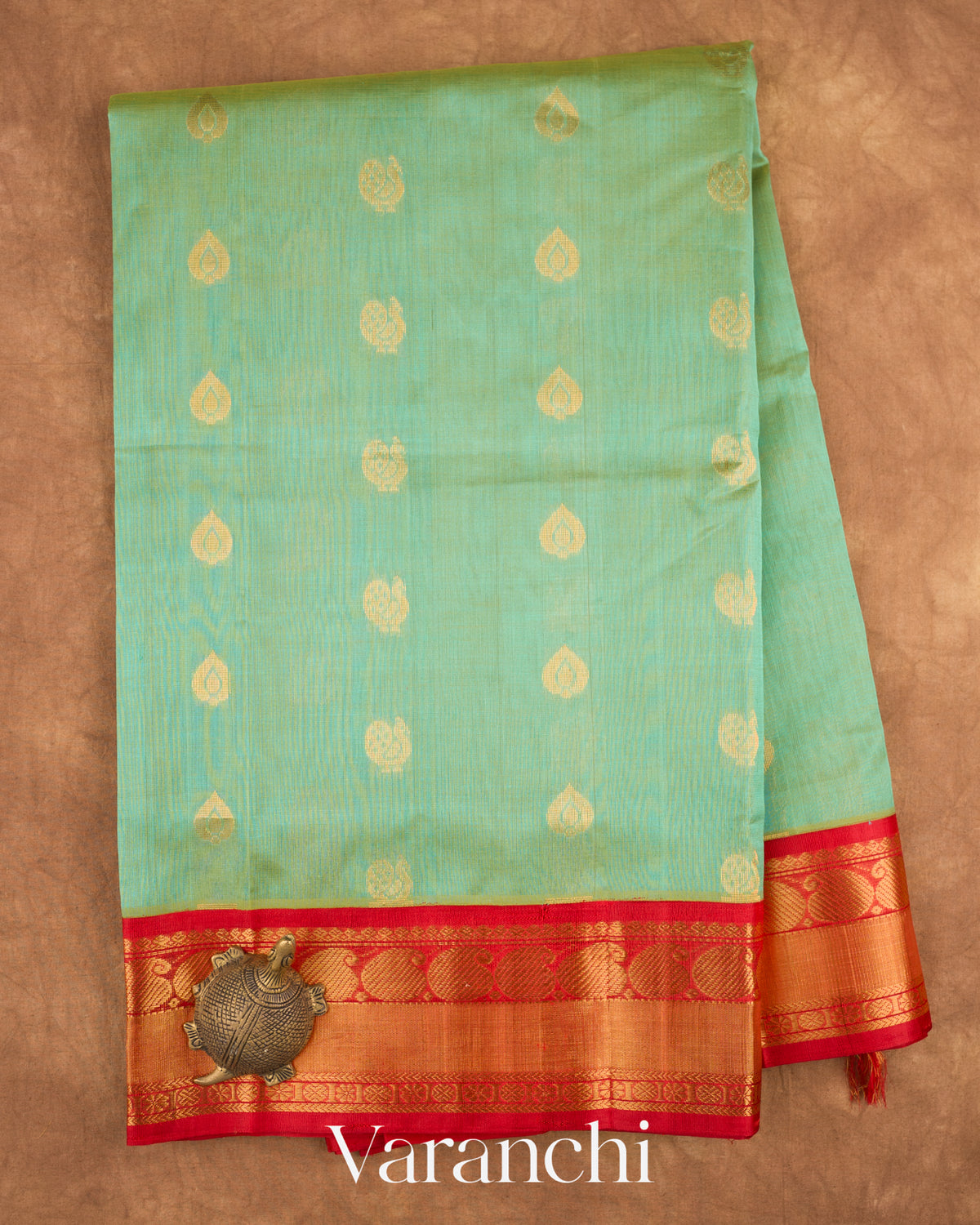 Sea Green Pure Kanchipuram Silk Cotton Handloom Saree — Full Saree