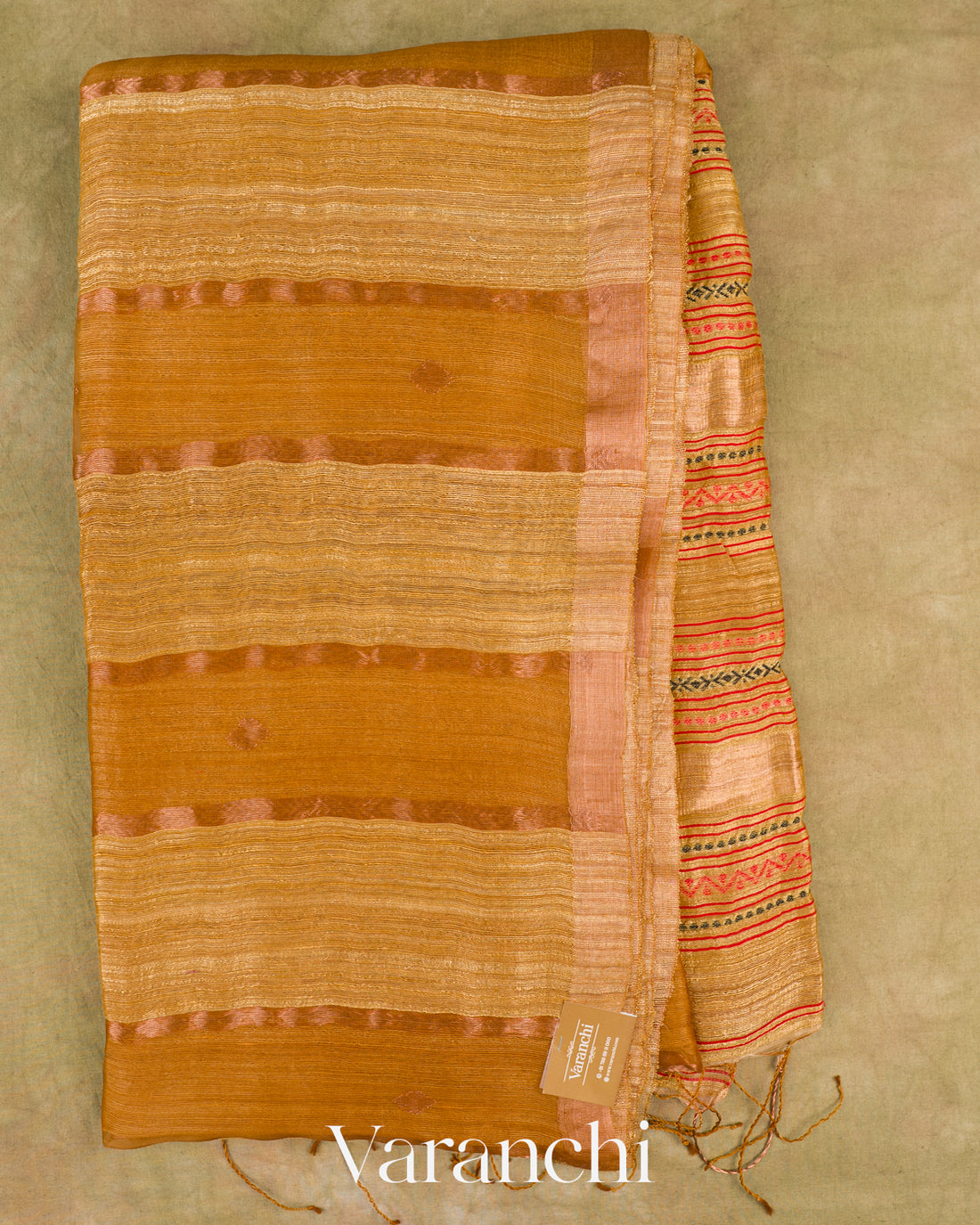 Mustard Yellow Pure Matka Silk with Pure Muslin Striped Handloom Saree — Full Saree