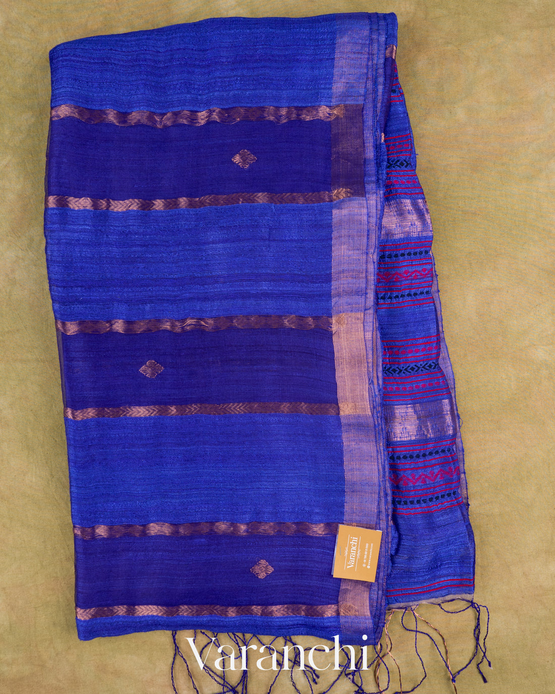 Royal Blue Pure Matka Silk with Pure Muslin Striped Handloom Saree — Full Saree