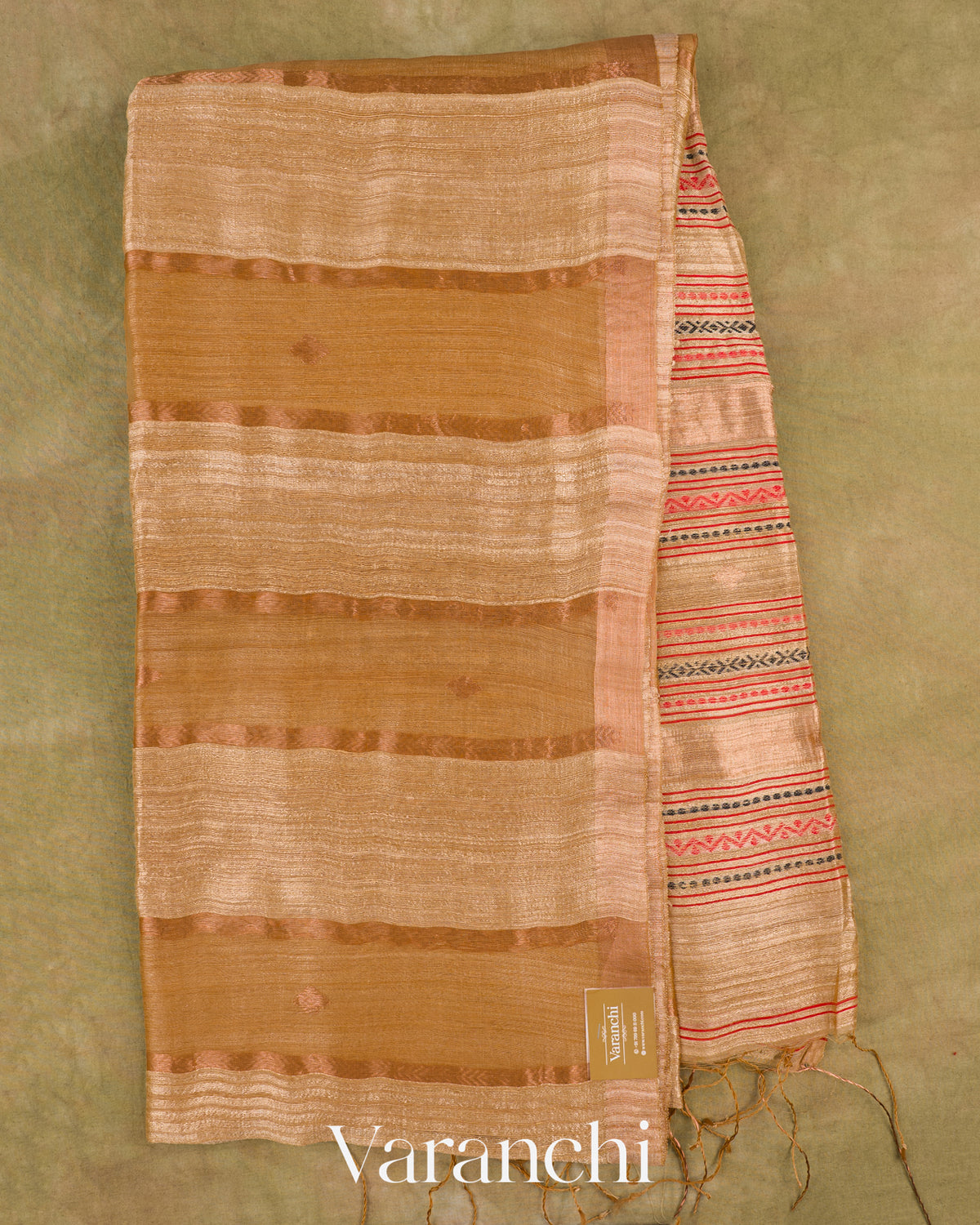 Beige Pure Matka Silk with Pure Muslin Striped Handloom Saree — Full Saree