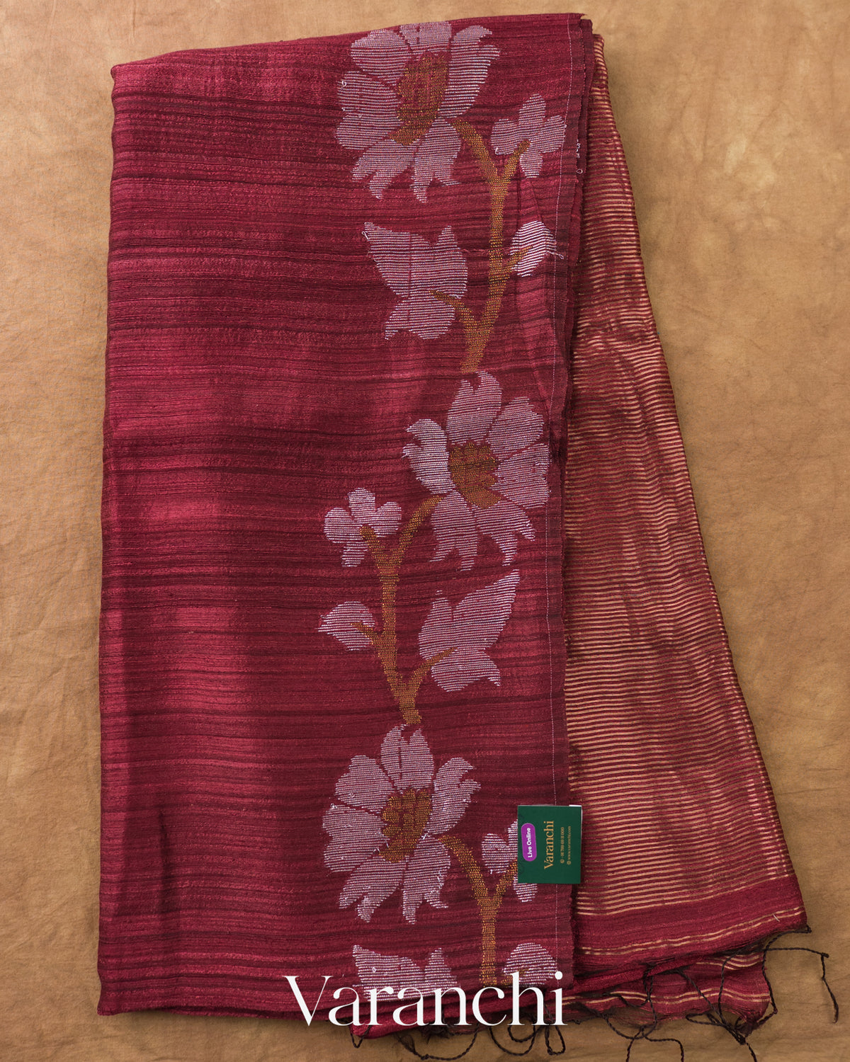 Burgundy Jamdani Pure Matka Tissue Silk Handloom Saree — Full Saree