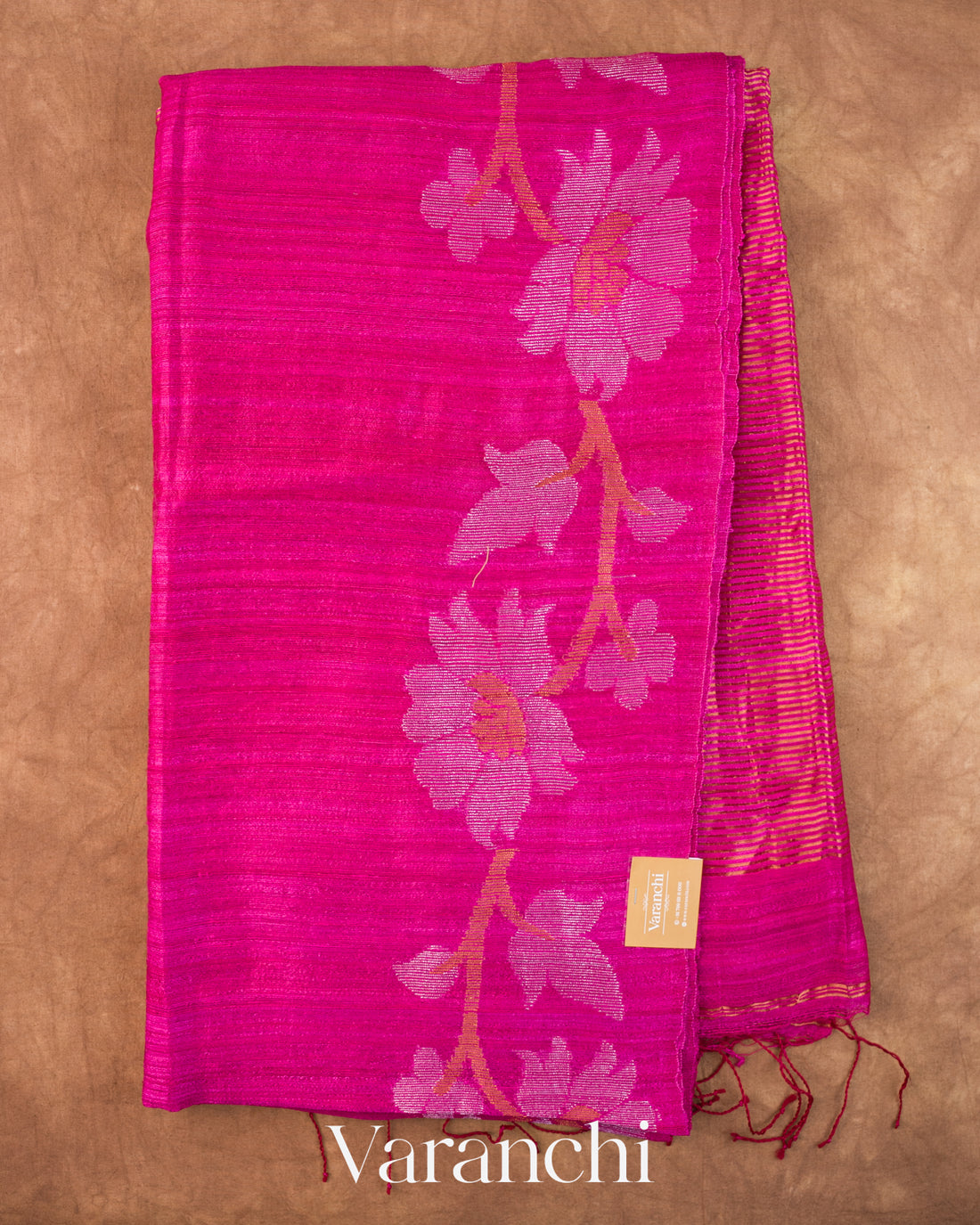 Magenta Pink Floral Jamdani Pure Matka Silk Handloom Saree — Full Saree