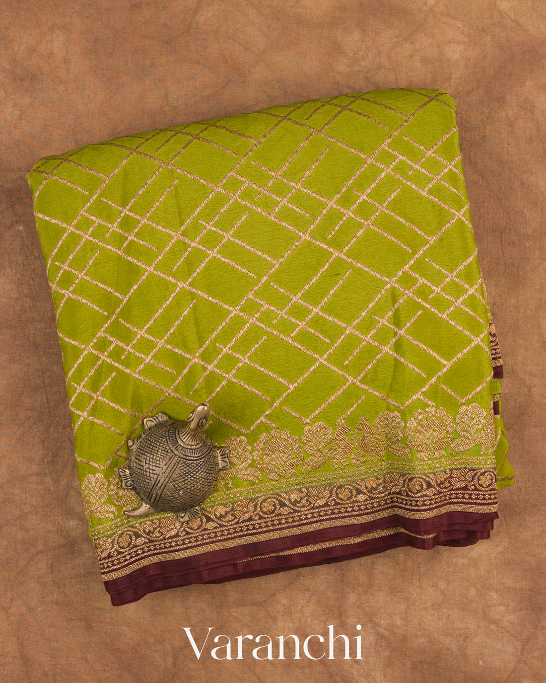 Moss Green Checkered Pure Crepe Silk Handloom Saree — Folded