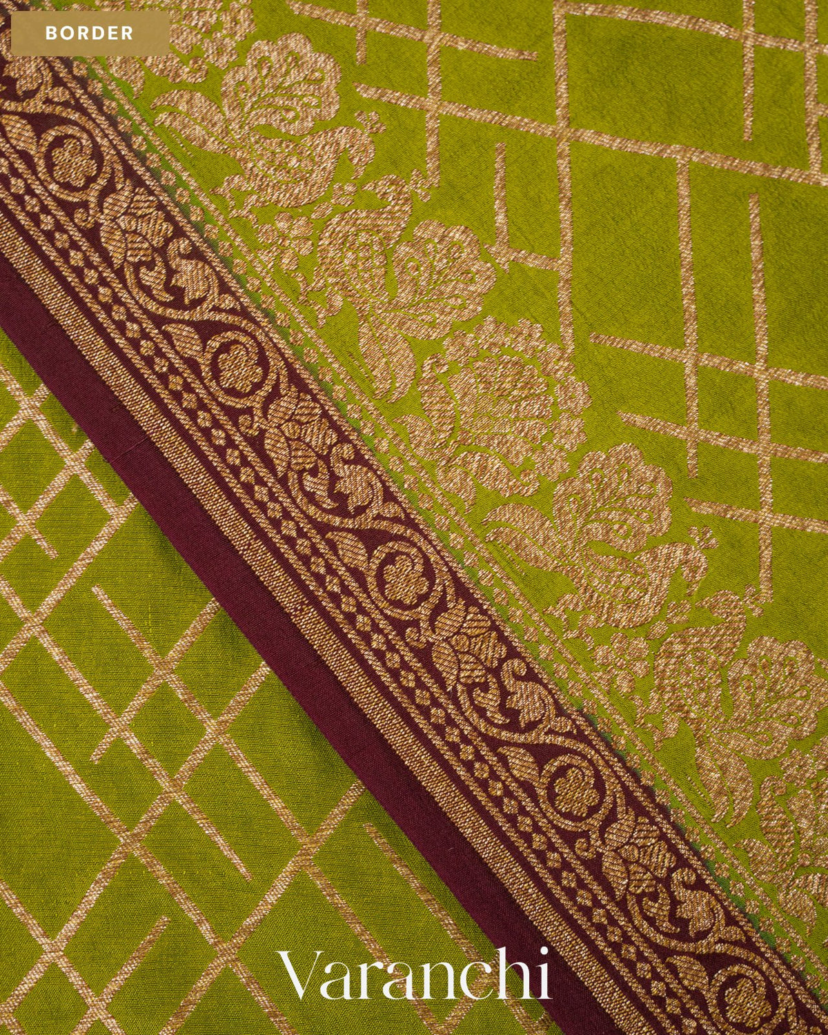 Moss Green Checkered Pure Crepe Silk Handloom Saree — Border