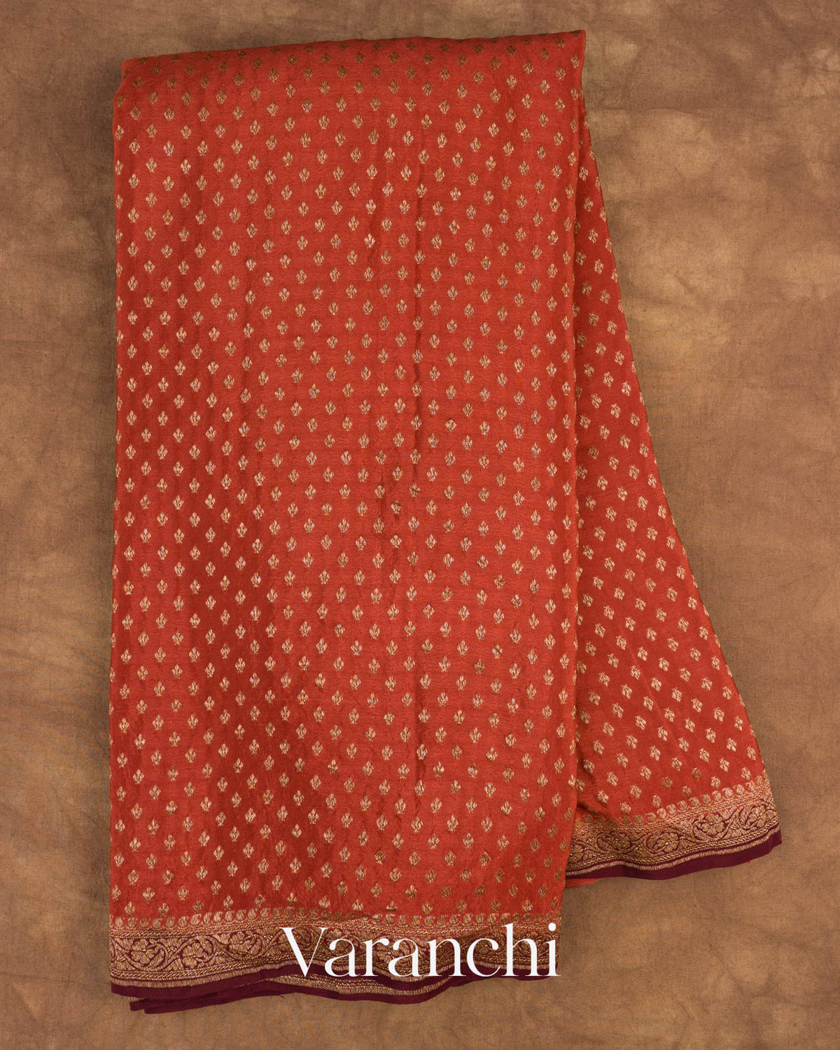 Rust Orange Pure Crepe Silk Handloom Saree — Full Saree