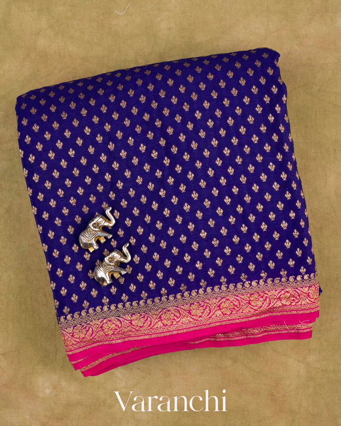 Royal Blue Pure Crepe Silk Handloom Saree — Folded