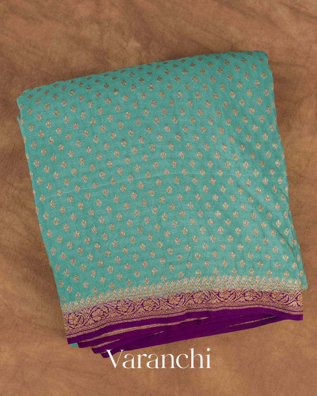 Dusty Blue Butta Pure Crepe Silk Handloom Saree — Folded