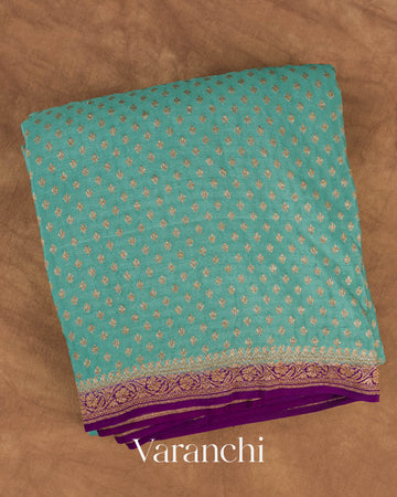 Dusty Blue Butta Pure Crepe Silk Handloom Saree — Folded