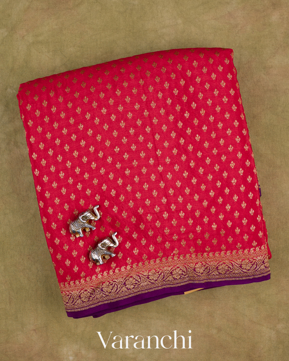 Chilly Red Pure Crepe Silk Handloom Saree — Folded