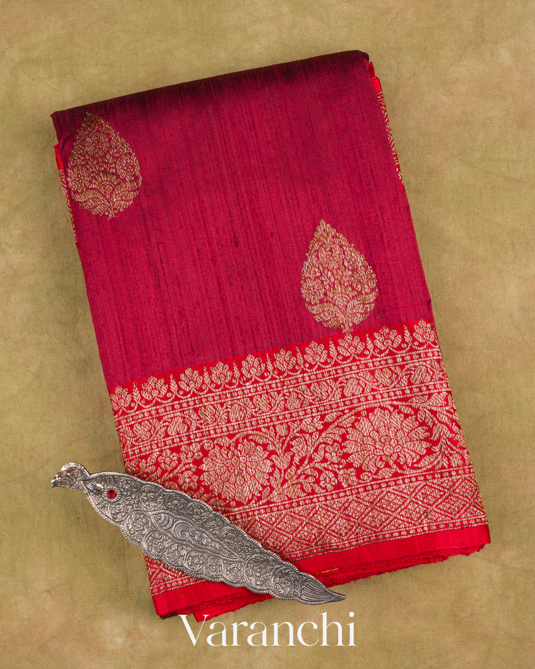 Maroon Pure Raw Silk Handloom Saree — Folded