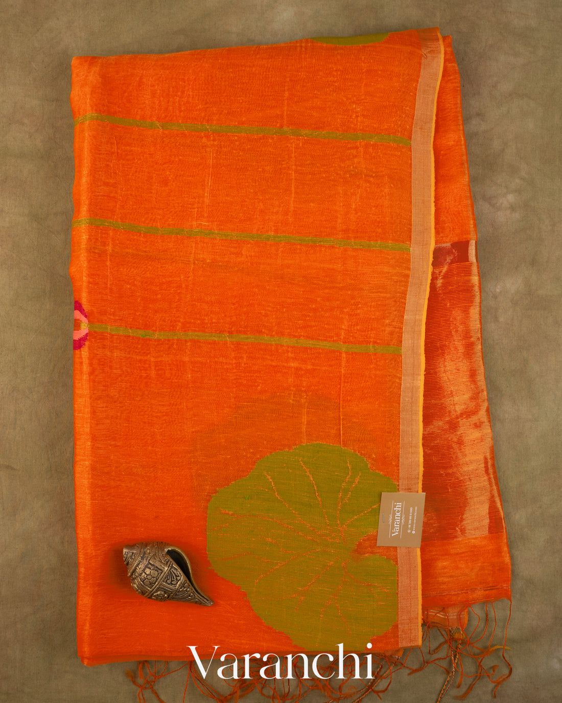 Bright Orange Lotus Jamdani Pure Silk Linen Handloom Saree — Full Saree