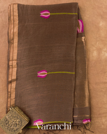 Brown Lotus Jamdani Pure Silk Linen Handloom Saree — Full Saree