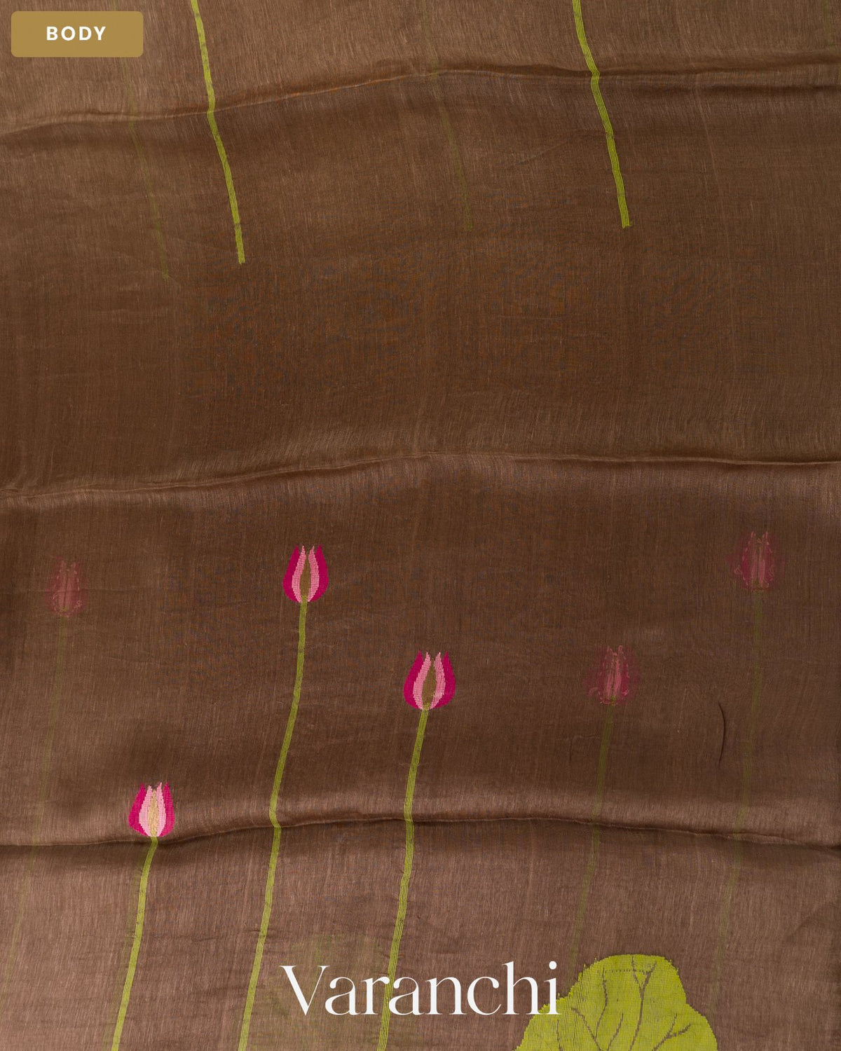 Brown Lotus Jamdani Pure Silk Linen Handloom Saree — Body