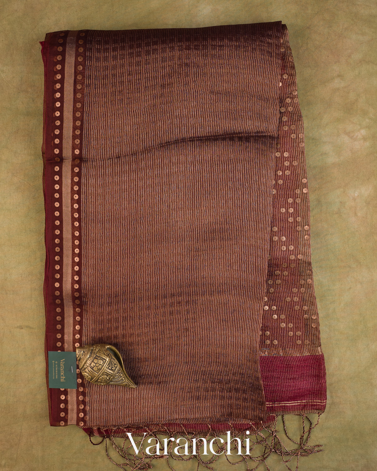 Deep Maroon Pure Muslin Sequin Handloom Saree — Full Saree