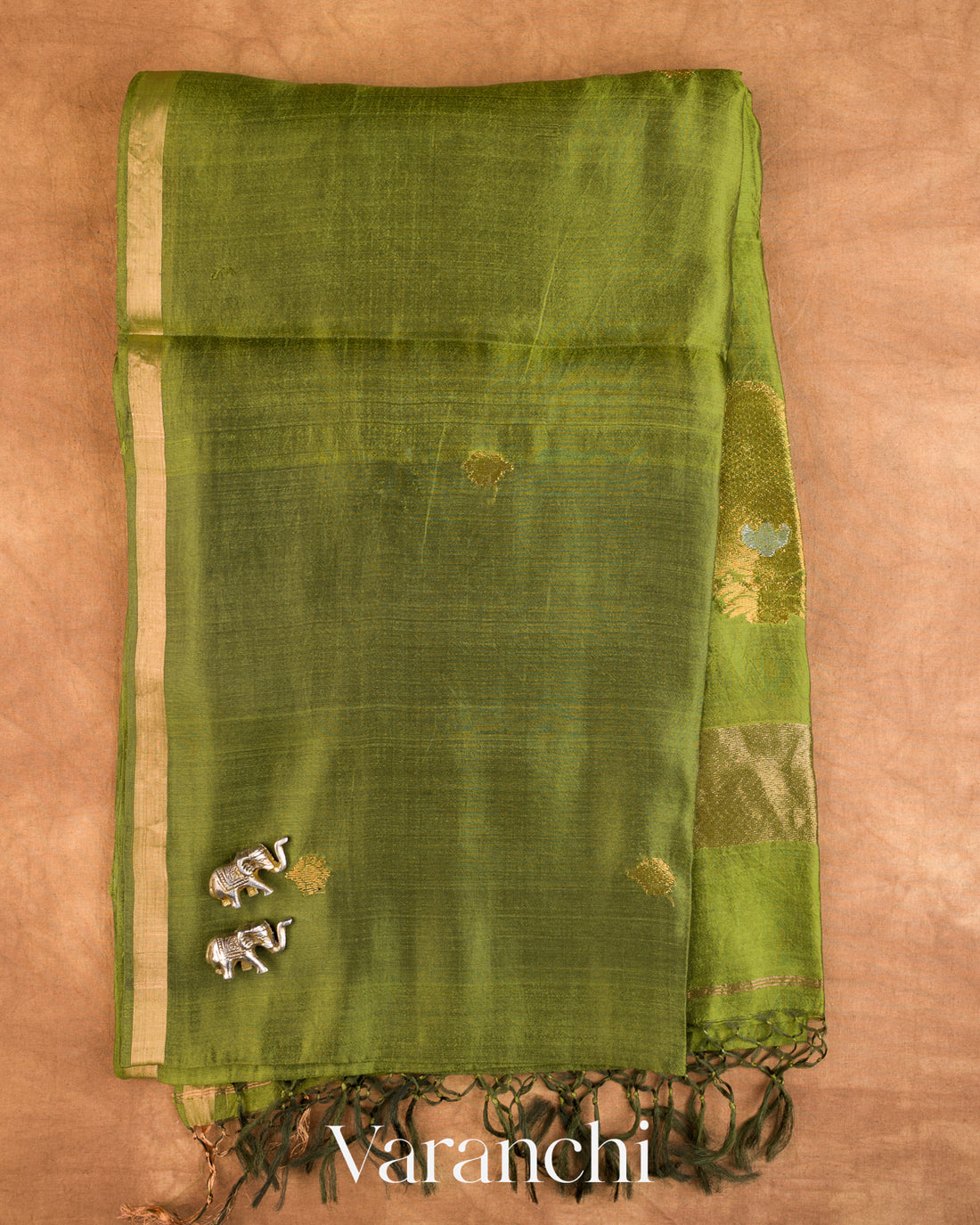 Leafy Green Jamdani Pure Mulberry Silk Handloom Saree — Full Saree