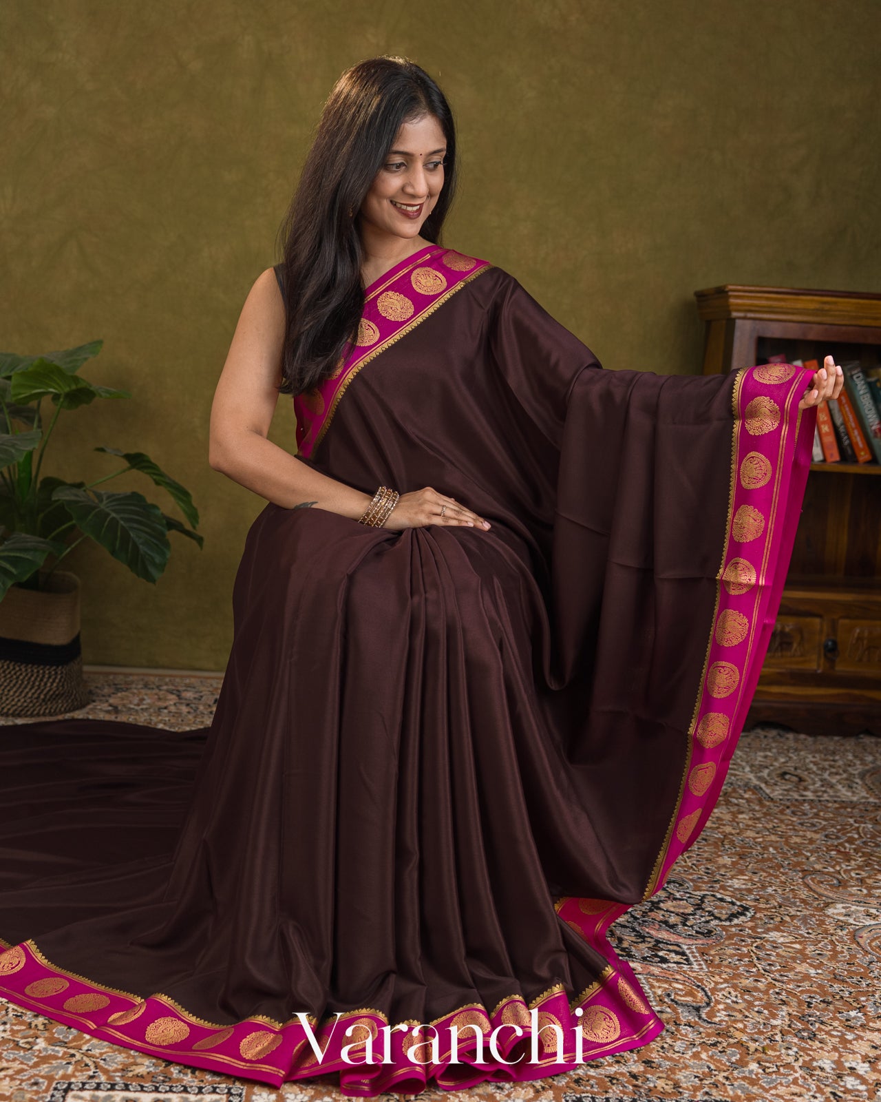 Coffee Brown Medallion Bordered Pure Mysore Crepe Silk Saree