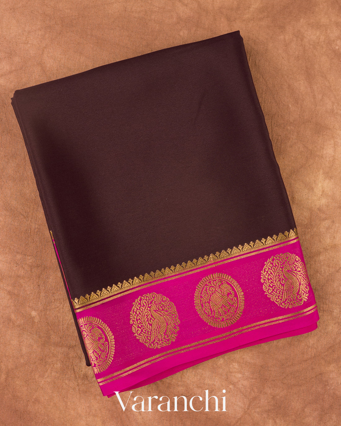Coffee Brown Medallion Bordered Pure Mysore Crepe Silk Saree