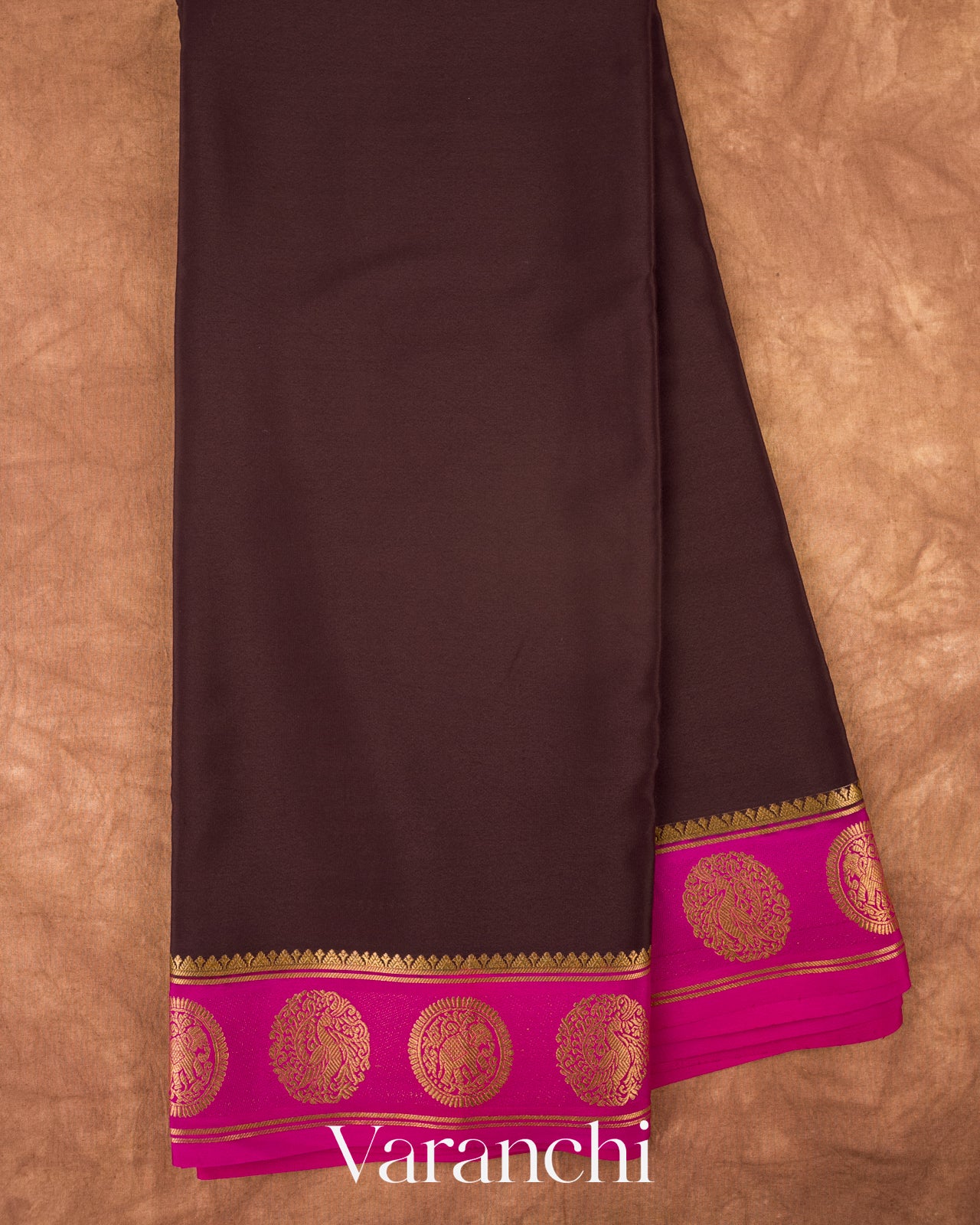 Coffee Brown Medallion Bordered Pure Mysore Crepe Silk Saree