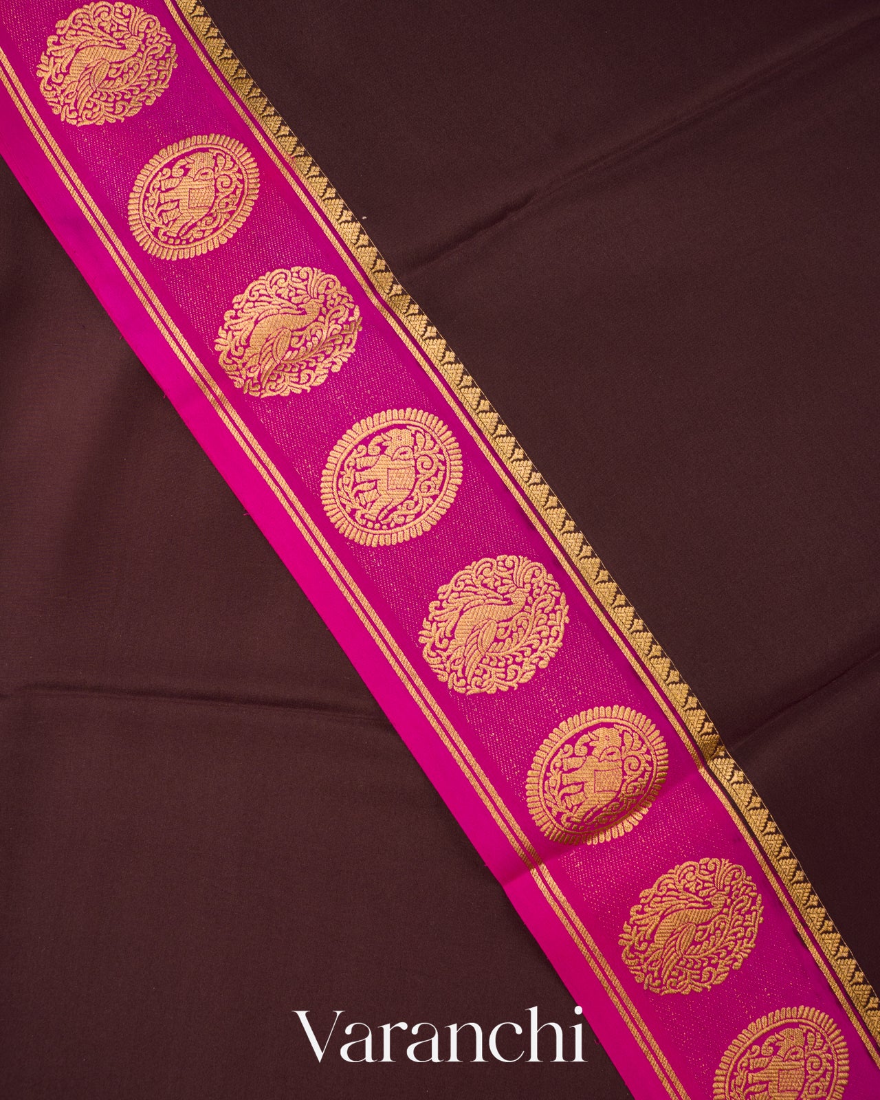 Coffee Brown Medallion Bordered Pure Mysore Crepe Silk Saree