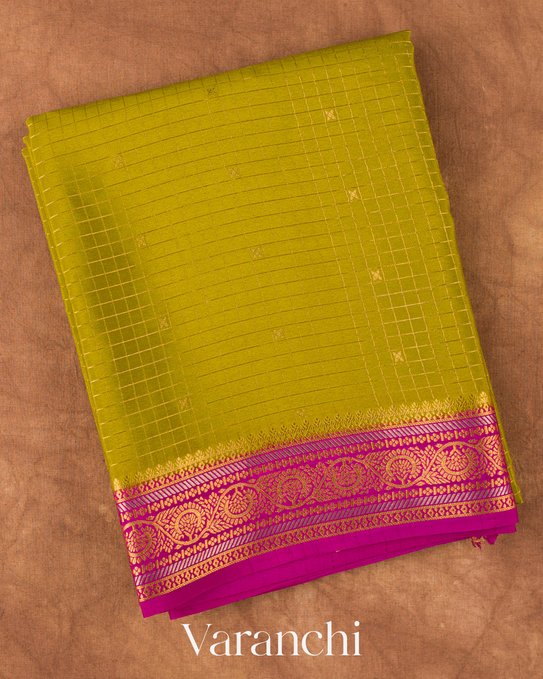 Mehendi Green Checkered Pure Mysore Crepe Silk Saree