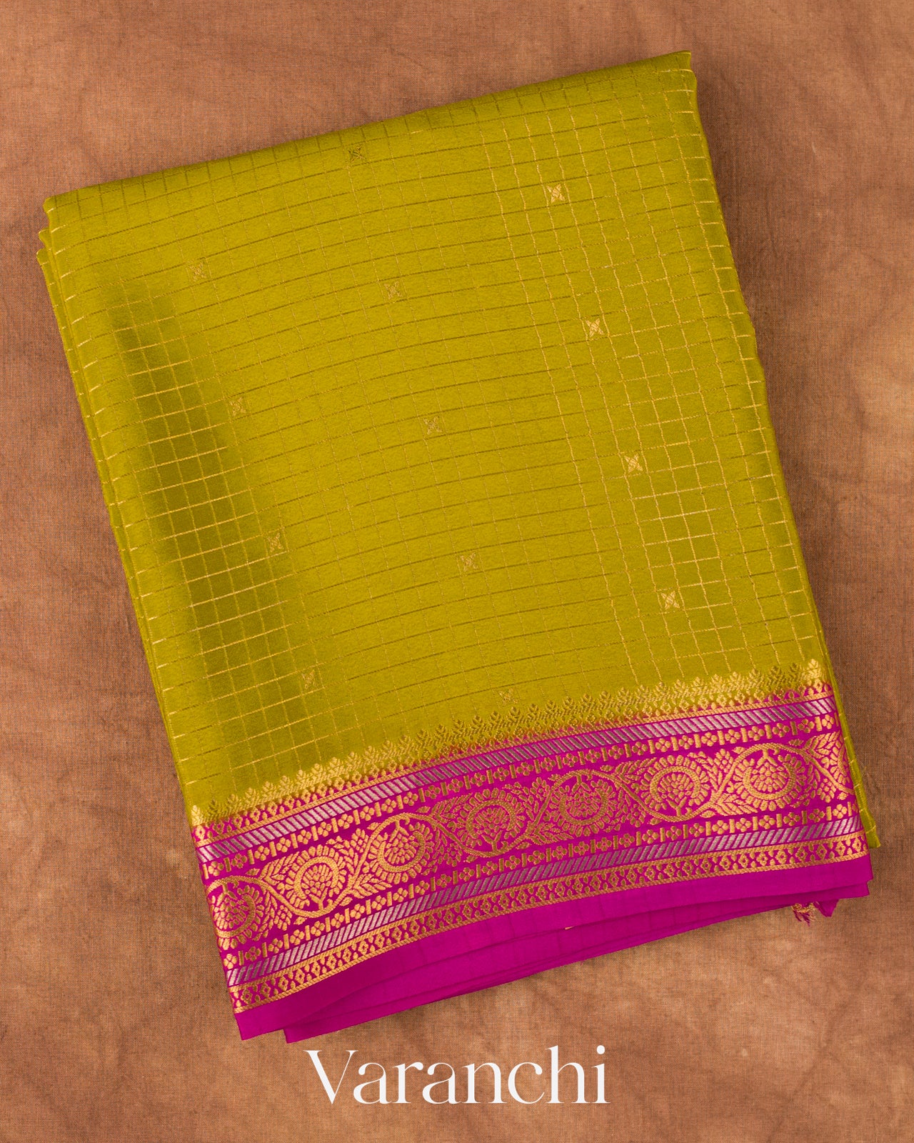 Mehendi Green Checkered Pure Mysore Crepe Silk Saree
